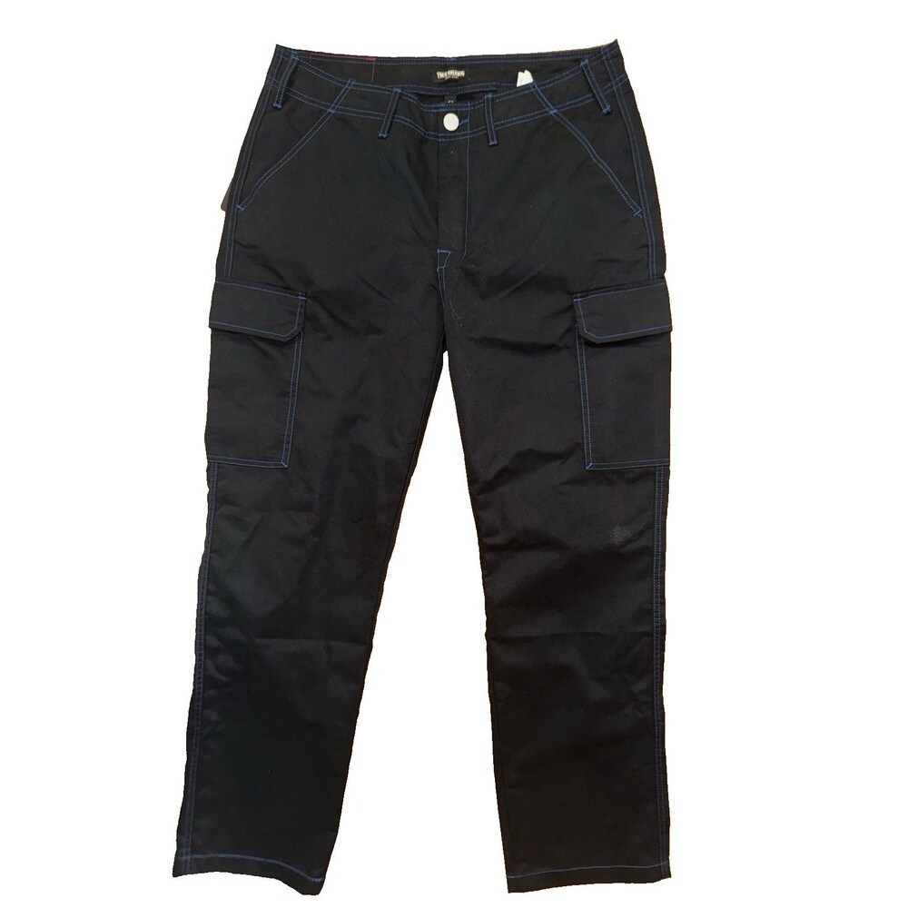 NWT True Religion Cargo Pants Mens Size 34 Jet Black Pacific Blue Stitch